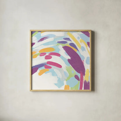 Laughter II Bright by Moira Hershey. Shown in a natural wood glass frame for a timeless modern aesthetic. Available as an archival giclee rolled canvas, fine art paper, or poster print. SKU 56828a.