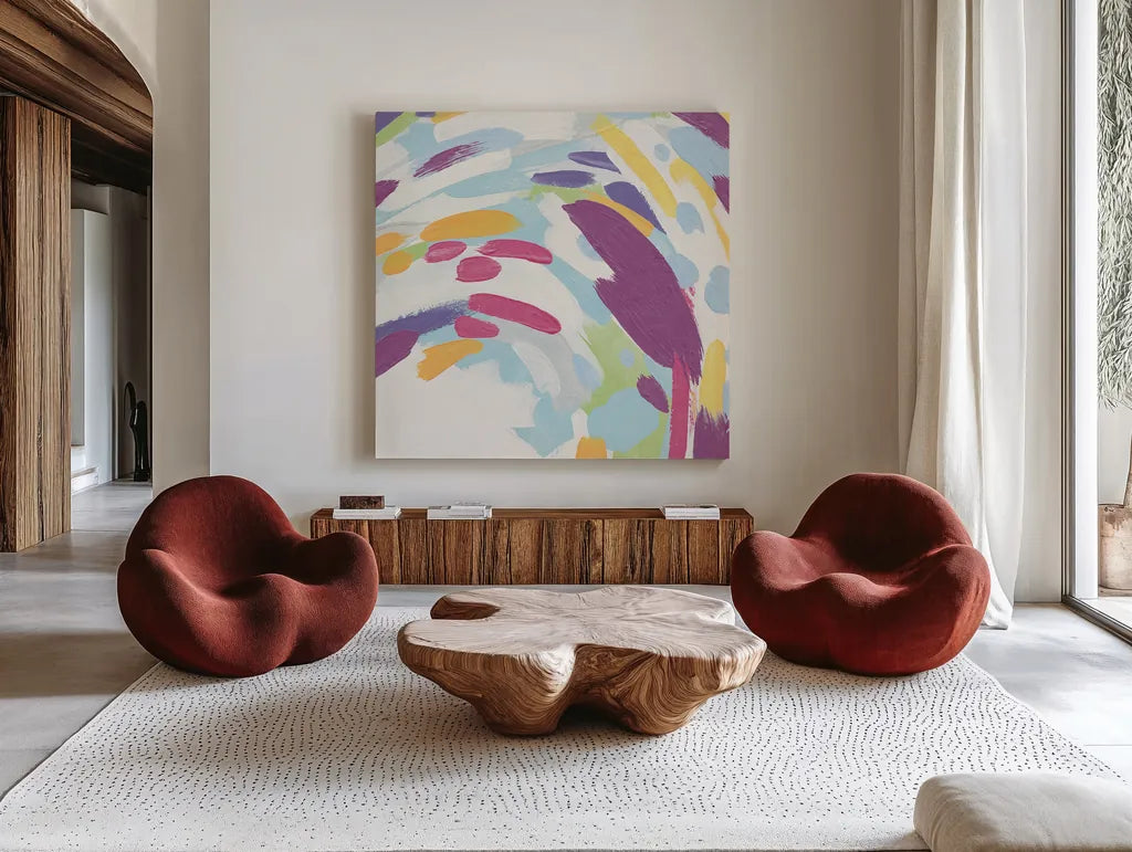 Laughter II Bright by Moira Hershey. Shown as extra-large giant wall art in a modern living room. Available as an archival giclee rolled canvas, fine art paper, or poster print. SKU 56828a.