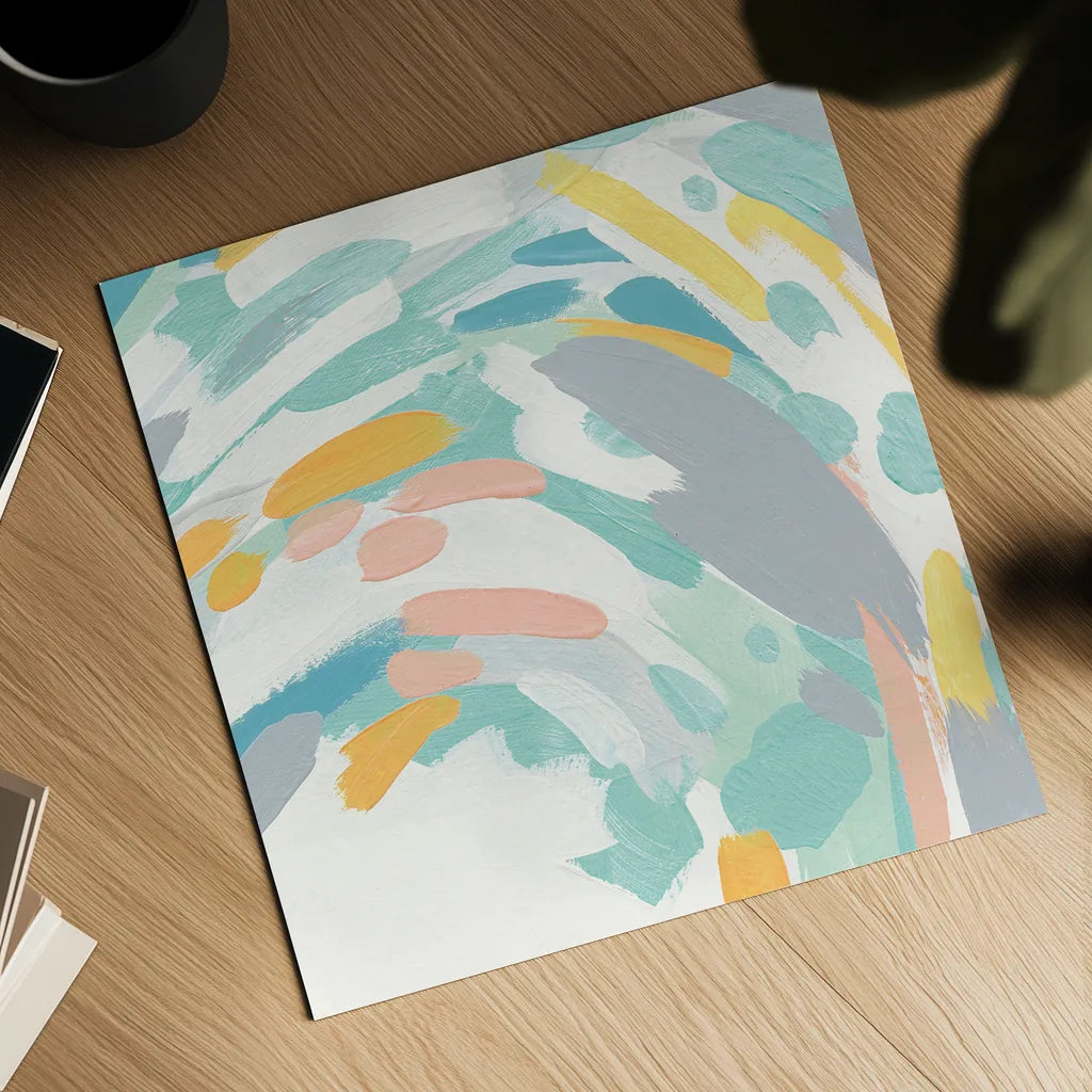 Laughter II Turquoise and Peach by Moira Hershey. Shown as a detailed flat fine art print, highlighting archival giclee quality. Available as an archival giclee rolled canvas, fine art paper, or poster print. SKU 46986a.