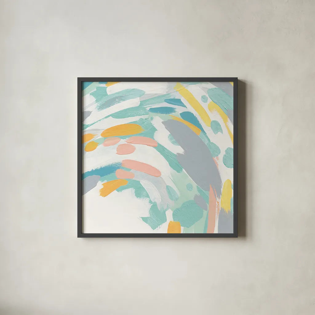 Laughter II Turquoise and Peach by Moira Hershey. Shown in a sleek black glass frame for a contemporary gallery look. Available as an archival giclee rolled canvas, fine art paper, or poster print. SKU 46986a.