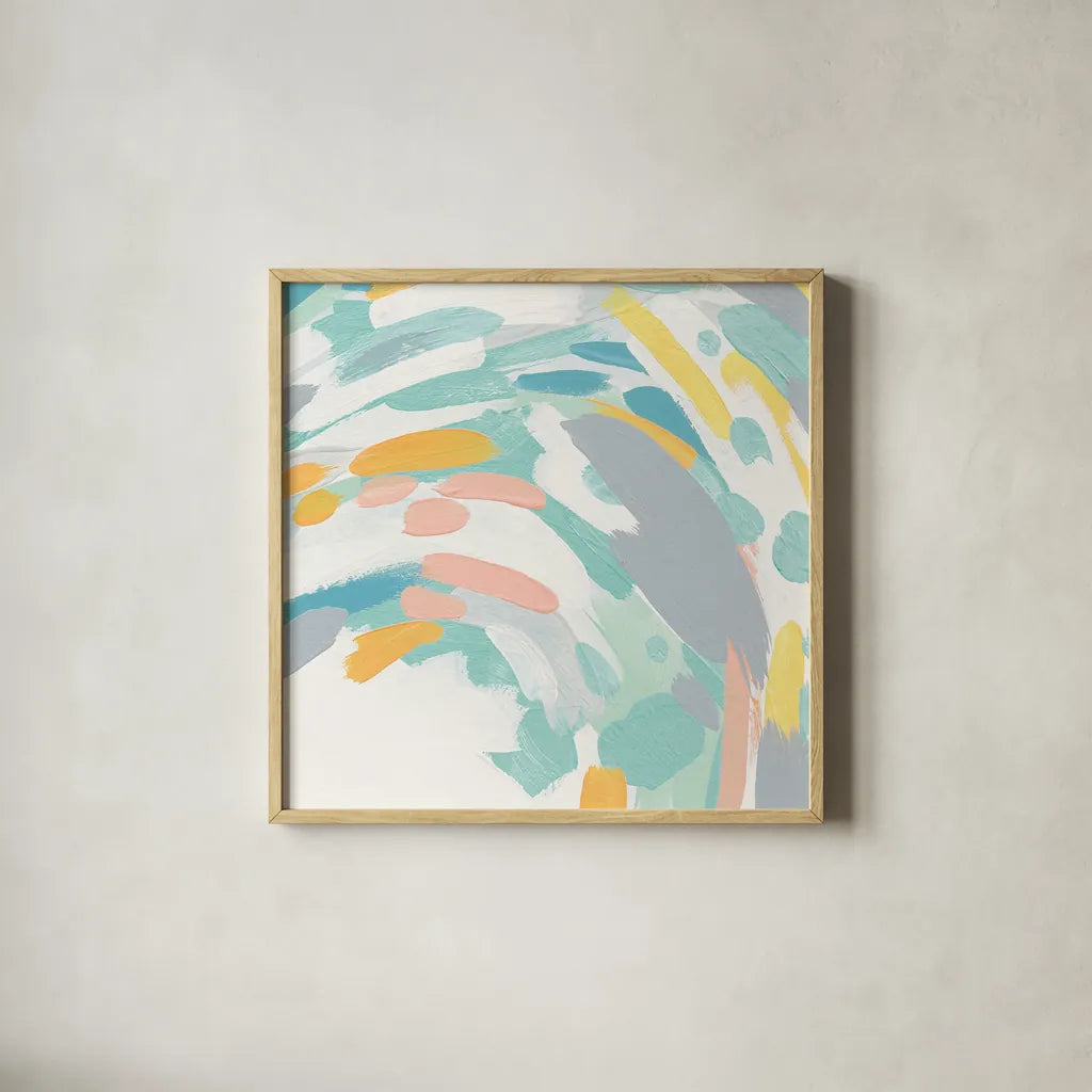 Laughter II Turquoise and Peach by Moira Hershey. Shown in a natural wood glass frame for a timeless modern aesthetic. Available as an archival giclee rolled canvas, fine art paper, or poster print. SKU 46986a.