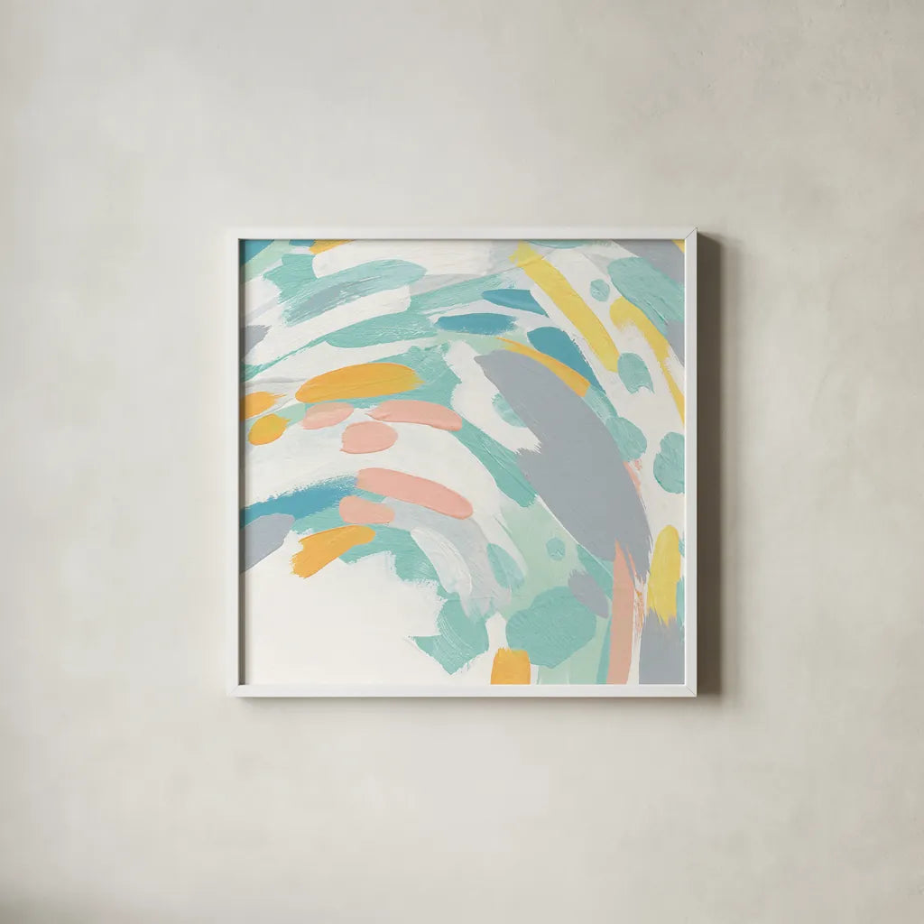 Laughter II Turquoise and Peach by Moira Hershey. Shown in a crisp white glass frame for a clean and minimalist style. Available as an archival giclee rolled canvas, fine art paper, or poster print. SKU 46986a.