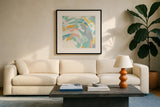 Laughter II Turquoise and Peach by Moira Hershey. Displayed in a glass frame with matte in a clean modern living room. Available as an archival giclee rolled canvas, fine art paper, or poster print. SKU 46986a.