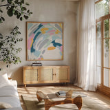 Laughter III by Moira Hershey. Shown in a natural wood frame in a cozy modern living room. Available as an archival giclee rolled canvas, fine art paper, or poster print. SKU 34873a.