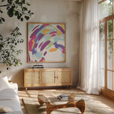 Laughter III Bright by Moira Hershey. Shown in a natural wood frame in a cozy modern living room. Available as an archival giclee rolled canvas, fine art paper, or poster print. SKU 56829a.