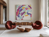 Laughter III Bright by Moira Hershey. Shown as extra-large giant wall art in a modern living room. Available as an archival giclee rolled canvas, fine art paper, or poster print. SKU 56829a.