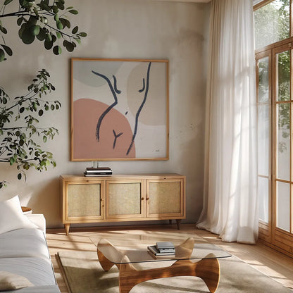 Line Figures I by Moira Hershey. Shown in a natural wood frame in a cozy modern living room. Available as an archival giclee rolled canvas, fine art paper, or poster print. SKU 63771a.