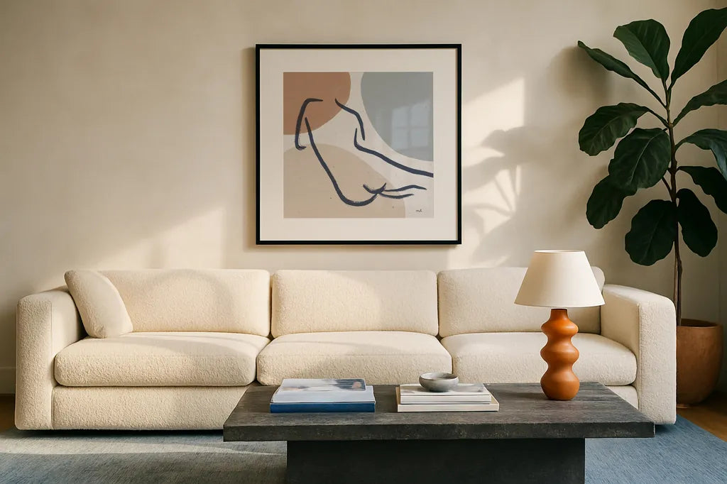 Line Figures IV by Moira Hershey. Displayed in a glass frame with matte in a clean modern living room. Available as an archival giclee rolled canvas, fine art paper, or poster print. SKU 63774a.