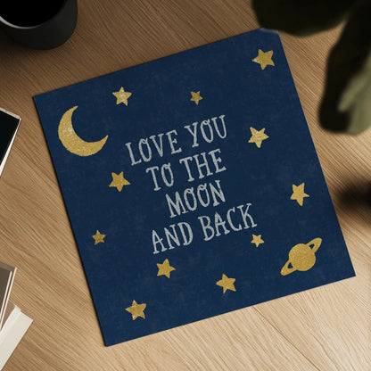 Love You To The Moon and Back by Moira Hershey. Shown as a detailed flat fine art print, highlighting archival giclee quality. Available as an archival giclee rolled canvas, fine art paper, or poster print. SKU 49852a.