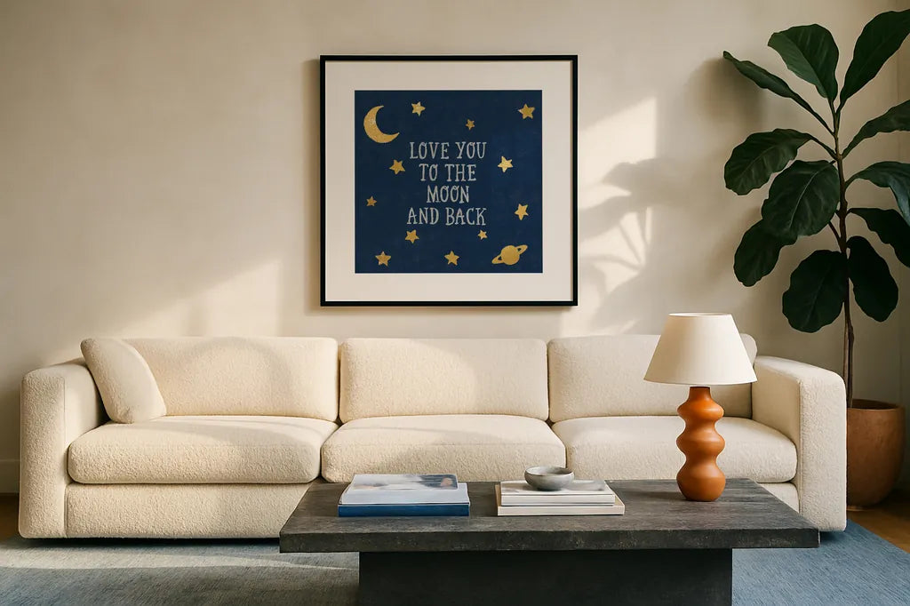 Love You To The Moon and Back by Moira Hershey. Displayed in a glass frame with matte in a clean modern living room. Available as an archival giclee rolled canvas, fine art paper, or poster print. SKU 49852a.