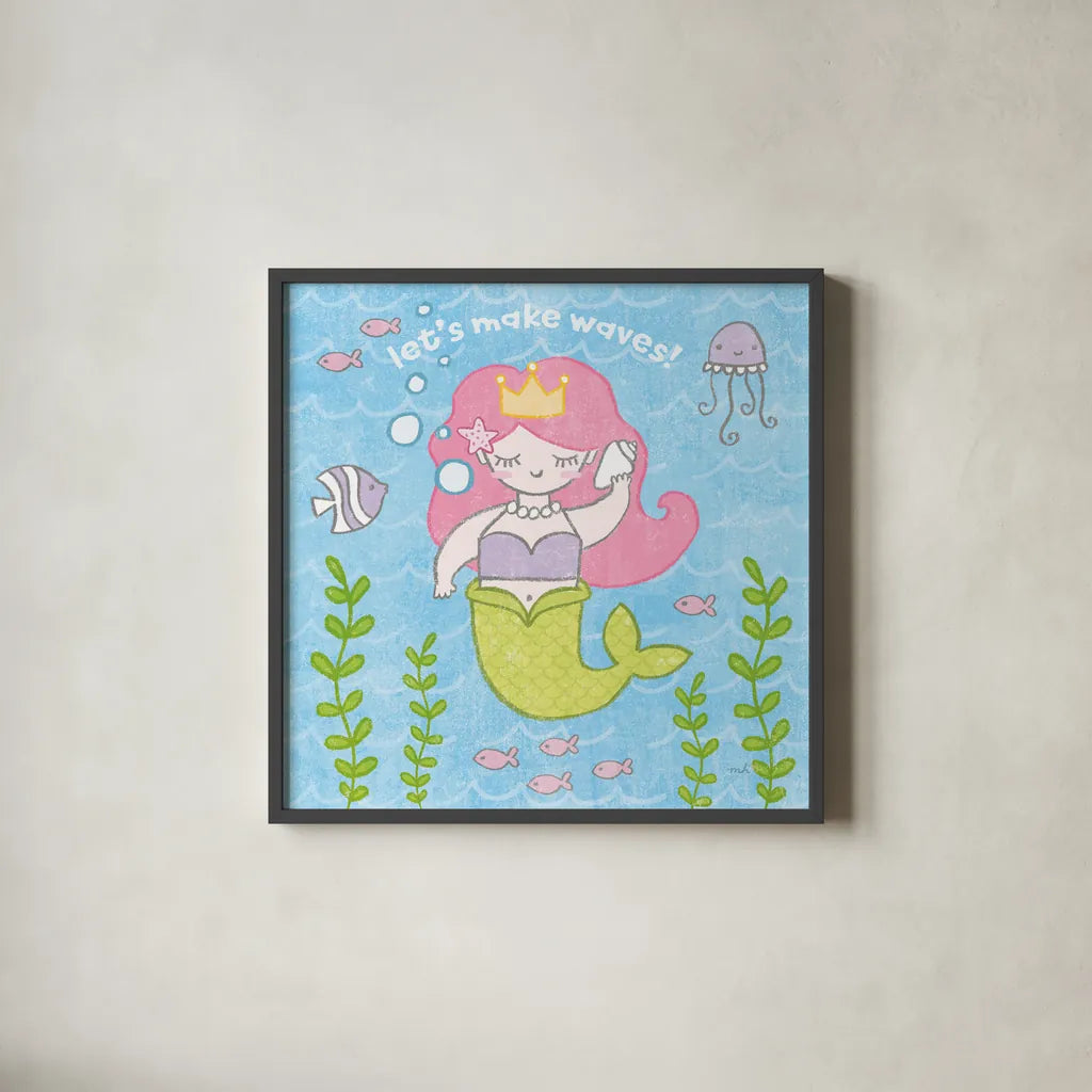 Magical Mermaid I by Moira Hershey. Shown in a sleek black glass frame for a contemporary gallery look. Available as an archival giclee rolled canvas, fine art paper, or poster print. SKU 29820a.