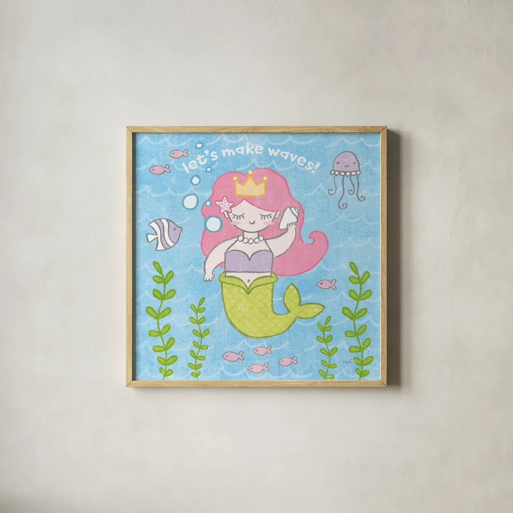 Magical Mermaid I by Moira Hershey. Shown in a natural wood glass frame for a timeless modern aesthetic. Available as an archival giclee rolled canvas, fine art paper, or poster print. SKU 29820a.