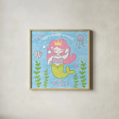Magical Mermaid I by Moira Hershey. Shown in a natural wood glass frame for a timeless modern aesthetic. Available as an archival giclee rolled canvas, fine art paper, or poster print. SKU 29820a.
