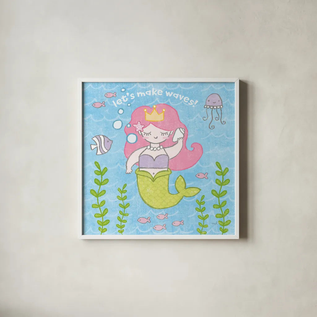 Magical Mermaid I by Moira Hershey. Shown in a crisp white glass frame for a clean and minimalist style. Available as an archival giclee rolled canvas, fine art paper, or poster print. SKU 29820a.