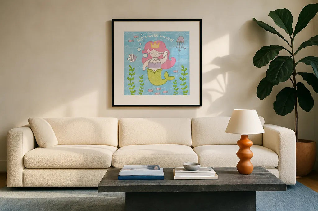 Magical Mermaid I by Moira Hershey. Displayed in a glass frame with matte in a clean modern living room. Available as an archival giclee rolled canvas, fine art paper, or poster print. SKU 29820a.