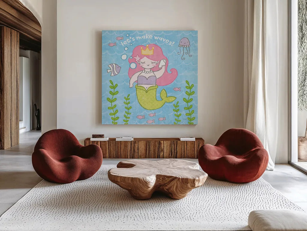 Magical Mermaid I by Moira Hershey. Shown as extra-large giant wall art in a modern living room. Available as an archival giclee rolled canvas, fine art paper, or poster print. SKU 29820a.