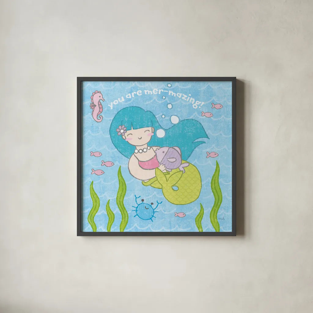 Magical Mermaid II by Moira Hershey. Shown in a sleek black glass frame for a contemporary gallery look. Available as an archival giclee rolled canvas, fine art paper, or poster print. SKU 29821a.