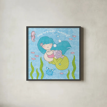 Magical Mermaid II by Moira Hershey. Shown in a sleek black glass frame for a contemporary gallery look. Available as an archival giclee rolled canvas, fine art paper, or poster print. SKU 29821a.