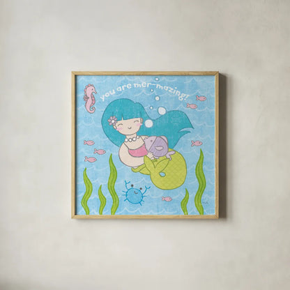 Magical Mermaid II by Moira Hershey. Shown in a natural wood glass frame for a timeless modern aesthetic. Available as an archival giclee rolled canvas, fine art paper, or poster print. SKU 29821a.