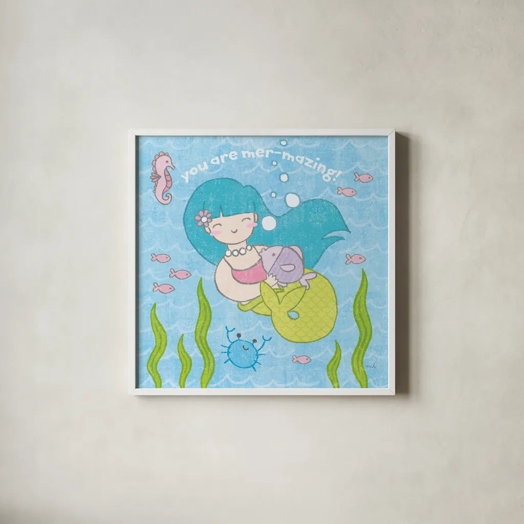 Magical Mermaid II by Moira Hershey. Shown in a crisp white glass frame for a clean and minimalist style. Available as an archival giclee rolled canvas, fine art paper, or poster print. SKU 29821a.