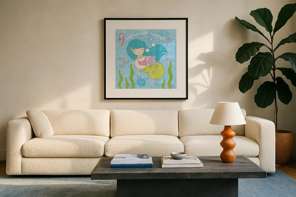 Magical Mermaid II by Moira Hershey. Displayed in a glass frame with matte in a clean modern living room. Available as an archival giclee rolled canvas, fine art paper, or poster print. SKU 29821a.