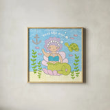 Magical Mermaid III by Moira Hershey. Shown in a natural wood glass frame for a timeless modern aesthetic. Available as an archival giclee rolled canvas, fine art paper, or poster print. SKU 29822a.