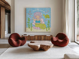 Magical Mermaid III by Moira Hershey. Shown as extra-large giant wall art in a modern living room. Available as an archival giclee rolled canvas, fine art paper, or poster print. SKU 29822a.