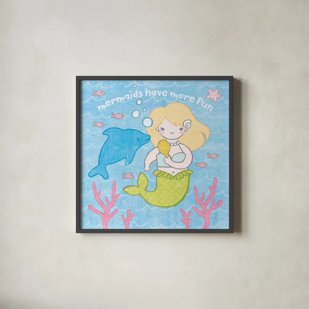 Magical Mermaid IV by Moira Hershey. Shown in a sleek black glass frame for a contemporary gallery look. Available as an archival giclee rolled canvas, fine art paper, or poster print. SKU 29823a.