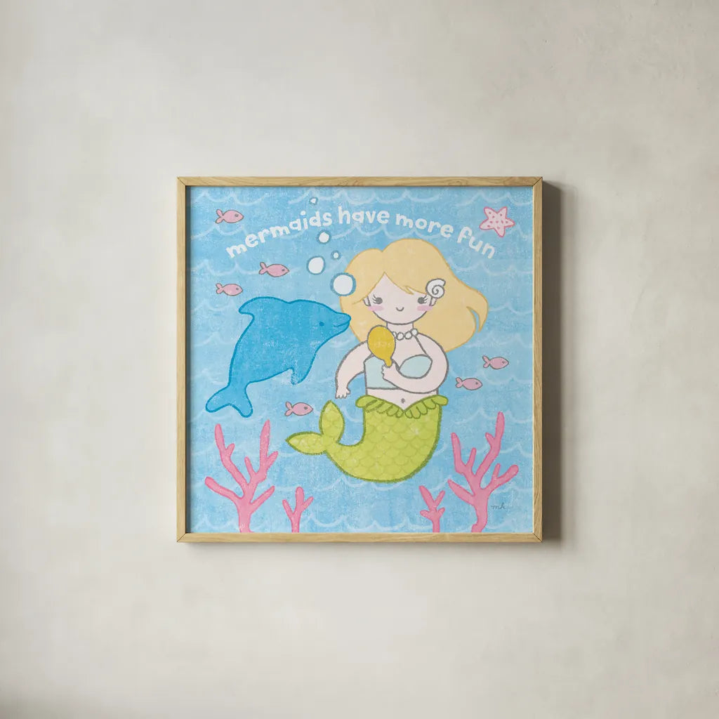 Magical Mermaid IV by Moira Hershey. Shown in a natural wood glass frame for a timeless modern aesthetic. Available as an archival giclee rolled canvas, fine art paper, or poster print. SKU 29823a.