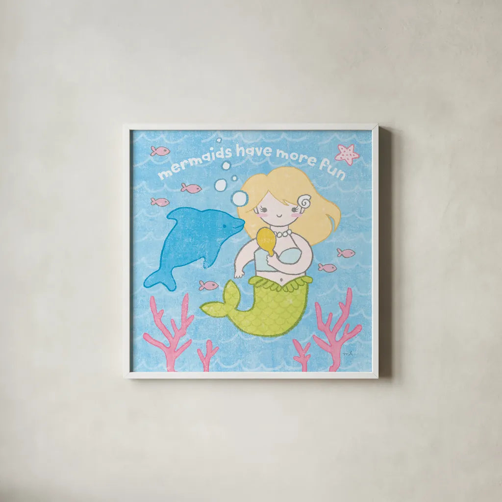 Magical Mermaid IV by Moira Hershey. Shown in a crisp white glass frame for a clean and minimalist style. Available as an archival giclee rolled canvas, fine art paper, or poster print. SKU 29823a.