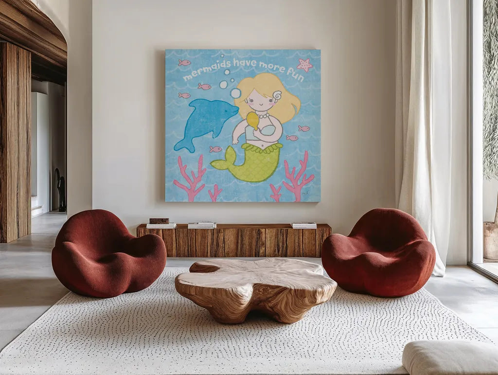 Magical Mermaid IV by Moira Hershey. Shown as extra-large giant wall art in a modern living room. Available as an archival giclee rolled canvas, fine art paper, or poster print. SKU 29823a.
