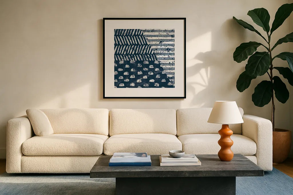 Mark Making Tile I by Moira Hershey. Displayed in a glass frame with matte in a clean modern living room. Available as an archival giclee rolled canvas, fine art paper, or poster print. SKU 33240a.