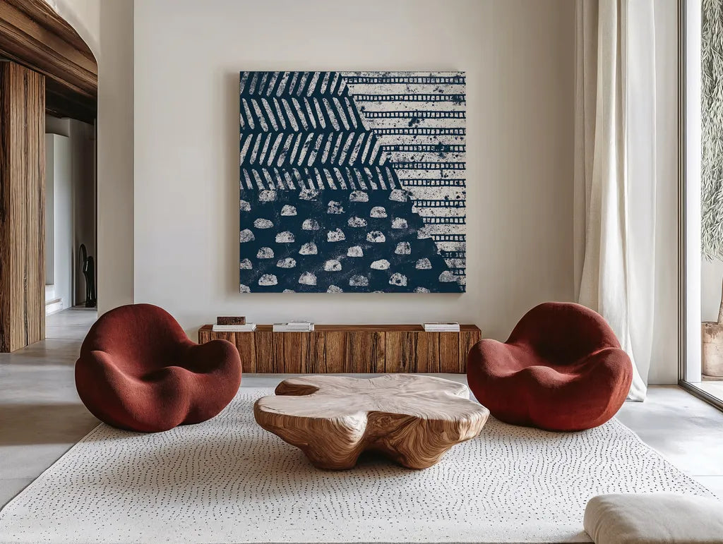 Mark Making Tile I by Moira Hershey. Shown as extra-large giant wall art in a modern living room. Available as an archival giclee rolled canvas, fine art paper, or poster print. SKU 33240a.