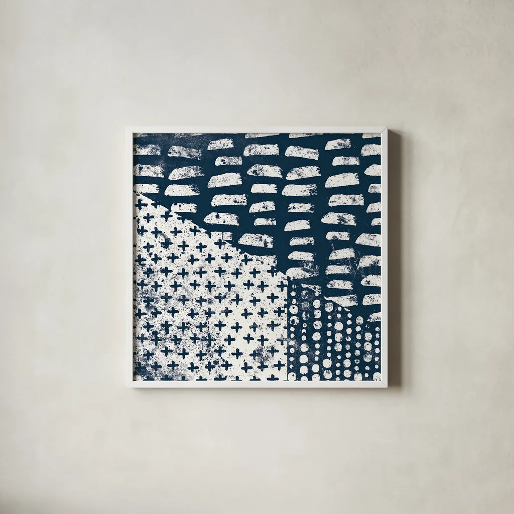 Mark Making Tile II by Moira Hershey. Shown in a crisp white glass frame for a clean and minimalist style. Available as an archival giclee rolled canvas, fine art paper, or poster print. SKU 33241a.