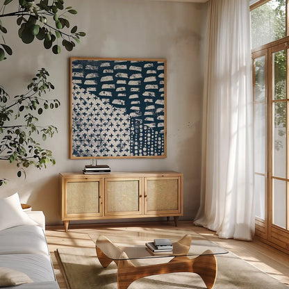 Mark Making Tile II by Moira Hershey. Shown in a natural wood frame in a cozy modern living room. Available as an archival giclee rolled canvas, fine art paper, or poster print. SKU 33241a.