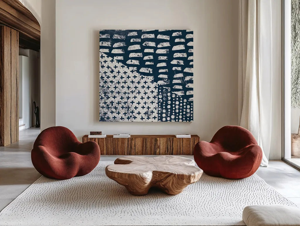 Mark Making Tile II by Moira Hershey. Shown as extra-large giant wall art in a modern living room. Available as an archival giclee rolled canvas, fine art paper, or poster print. SKU 33241a.