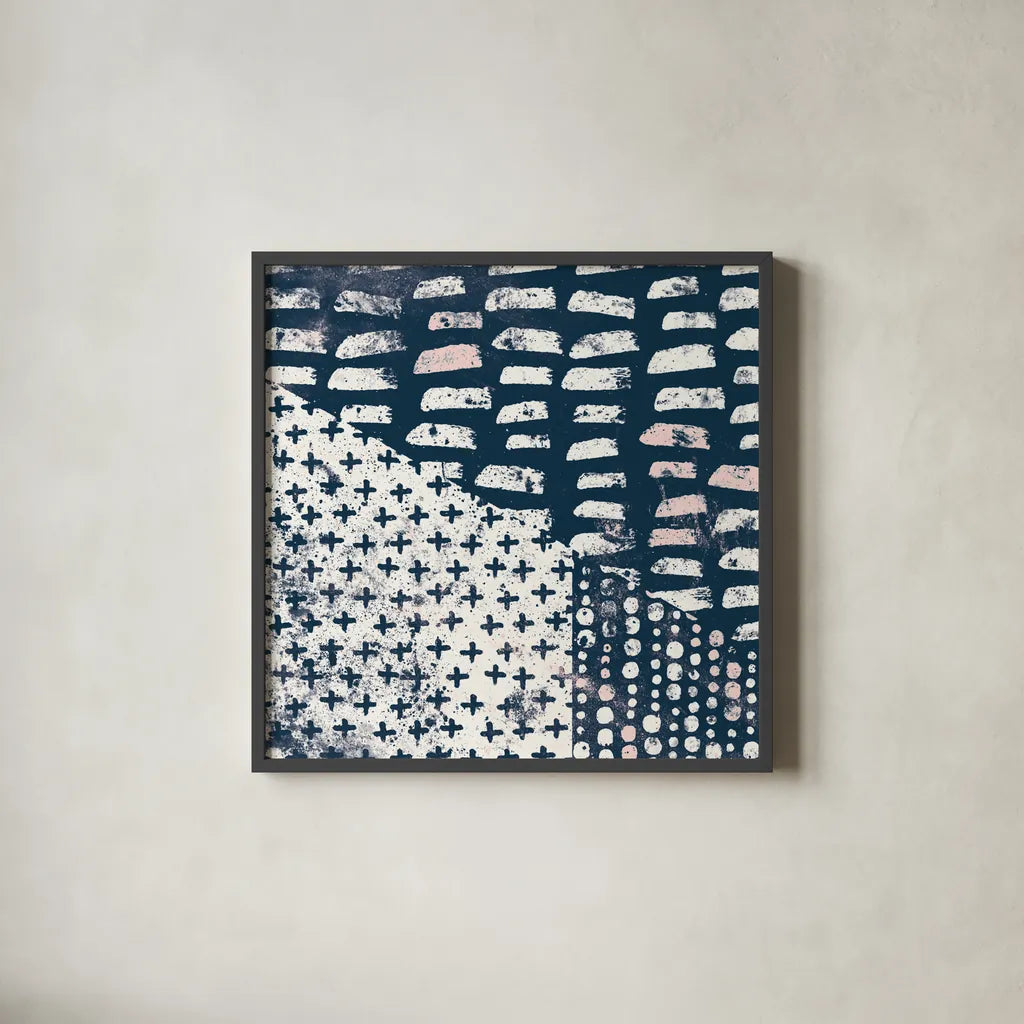 Mark Making Tile II with Blush by Moira Hershey. Shown in a sleek black glass frame for a contemporary gallery look. Available as an archival giclee rolled canvas, fine art paper, or poster print. SKU 40799a.