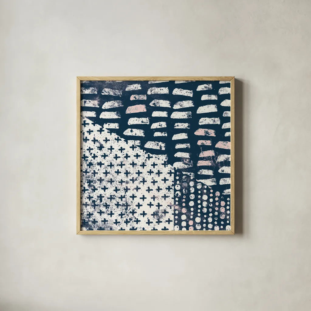 Mark Making Tile II with Blush by Moira Hershey. Shown in a natural wood glass frame for a timeless modern aesthetic. Available as an archival giclee rolled canvas, fine art paper, or poster print. SKU 40799a.