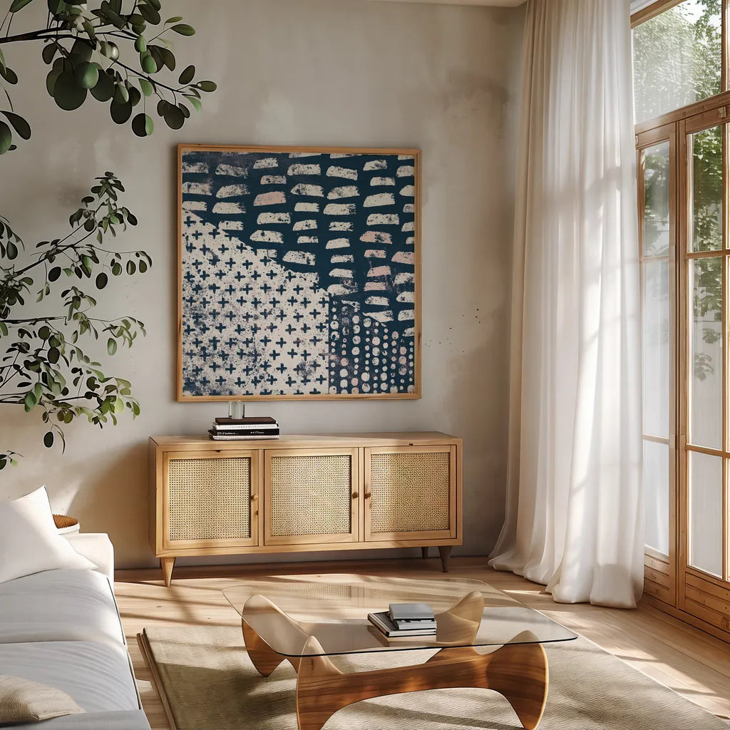 Mark Making Tile II with Blush by Moira Hershey. Shown in a natural wood frame in a cozy modern living room. Available as an archival giclee rolled canvas, fine art paper, or poster print. SKU 40799a.