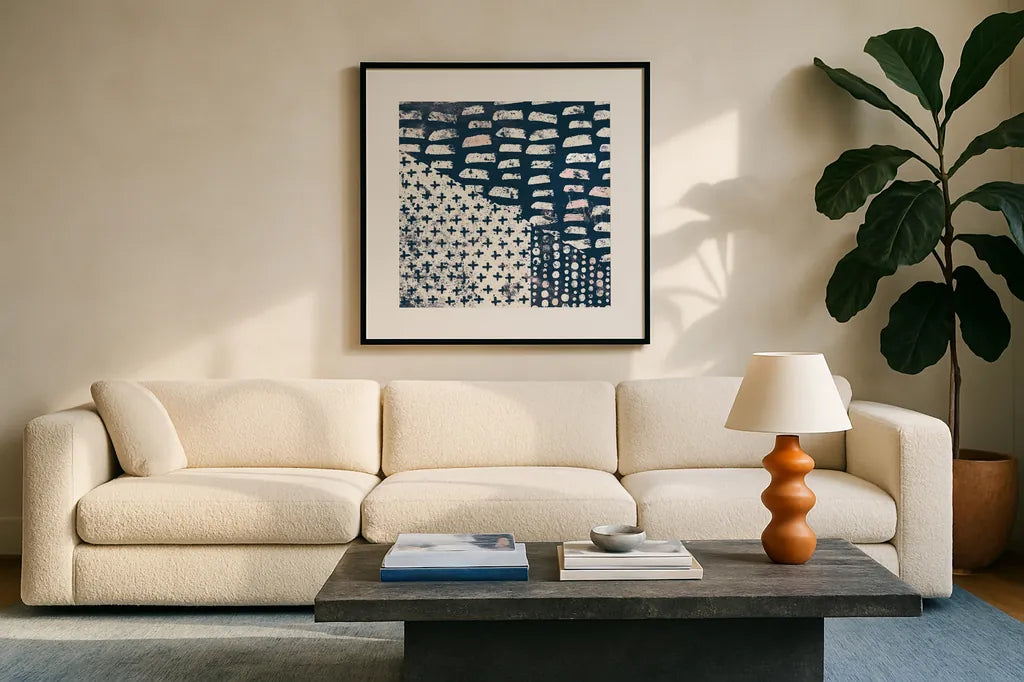 Mark Making Tile II with Blush by Moira Hershey. Displayed in a glass frame with matte in a clean modern living room. Available as an archival giclee rolled canvas, fine art paper, or poster print. SKU 40799a.