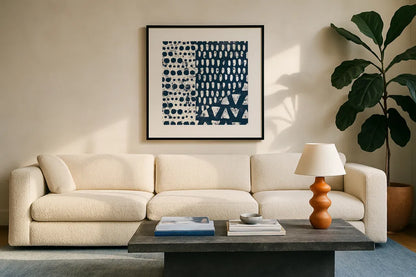 Mark Making Tile III by Moira Hershey. Displayed in a glass frame with matte in a clean modern living room. Available as an archival giclee rolled canvas, fine art paper, or poster print. SKU 33242a.
