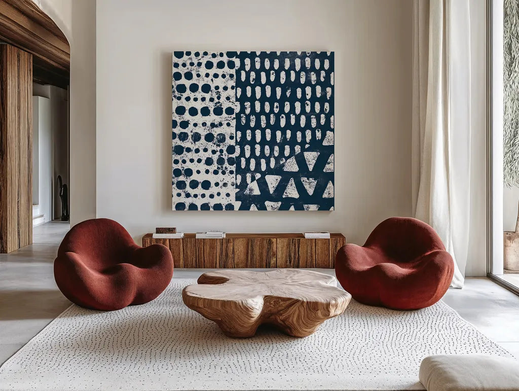 Mark Making Tile III by Moira Hershey. Shown as extra-large giant wall art in a modern living room. Available as an archival giclee rolled canvas, fine art paper, or poster print. SKU 33242a.