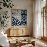 Mark Making Tile IV by Moira Hershey. Shown in a natural wood frame in a cozy modern living room. Available as an archival giclee rolled canvas, fine art paper, or poster print. SKU 33243a.