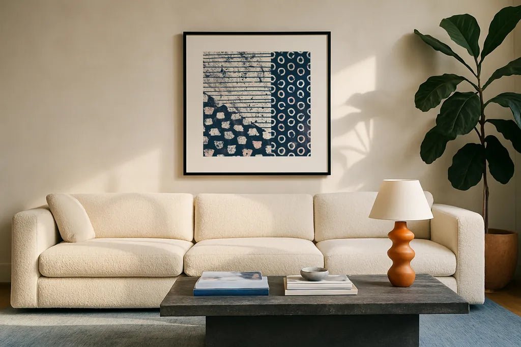 Mark Making Tile IV with Blush by Moira Hershey. Displayed in a glass frame with matte in a clean modern living room. Available as an archival giclee rolled canvas, fine art paper, or poster print. SKU 40800a.