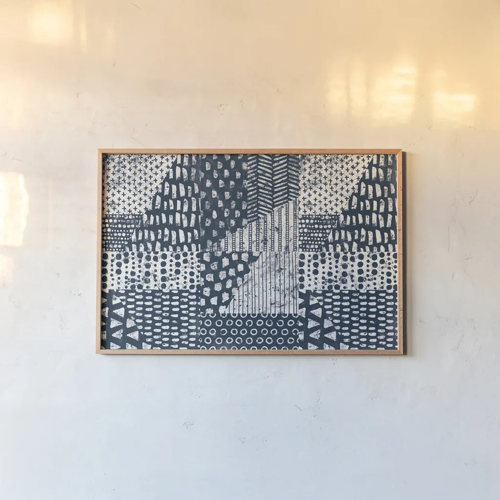 Mark Making Tile VI by Moira Hershey. shown as a paper print in a natural frame. Available as a archival giclee rolled canvas, fine art paper, or poster print. SKU 52898i.