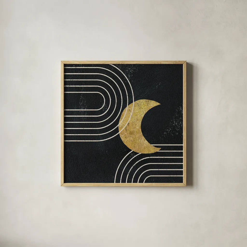 Midnight Moon I by Moira Hershey. Shown in a natural wood glass frame for a timeless modern aesthetic. Available as an archival giclee rolled canvas, fine art paper, or poster print. SKU 83620a.