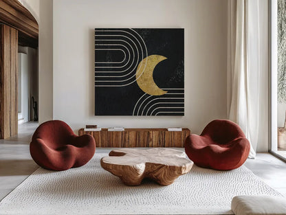 Midnight Moon I by Moira Hershey. Shown as extra-large giant wall art in a modern living room. Available as an archival giclee rolled canvas, fine art paper, or poster print. SKU 83620a.