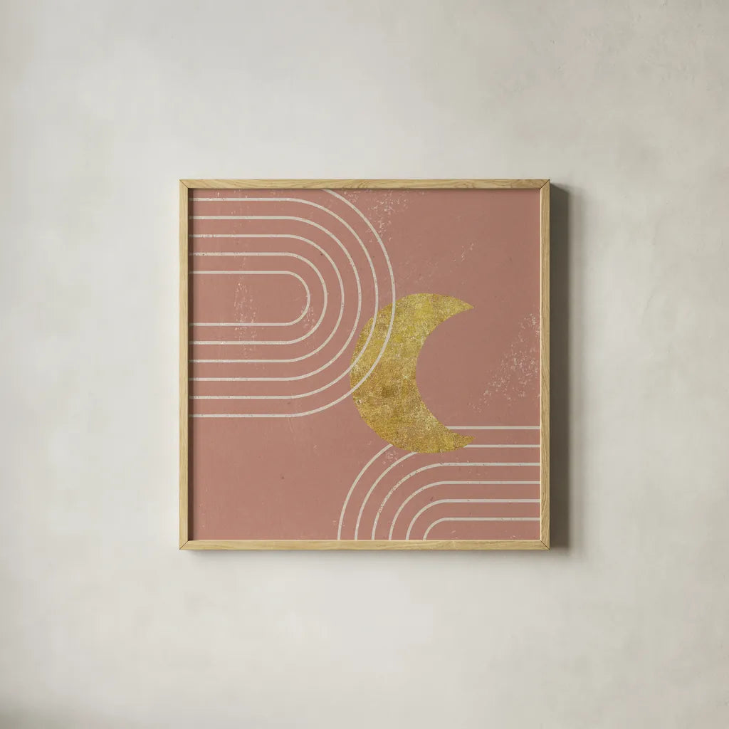 Midnight Moon I by Moira Hershey. Shown in a natural wood glass frame for a timeless modern aesthetic. Available as an archival giclee rolled canvas, fine art paper, or poster print. SKU 90911a.