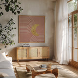 Midnight Moon I by Moira Hershey. Shown in a natural wood frame in a cozy modern living room. Available as an archival giclee rolled canvas, fine art paper, or poster print. SKU 90911a.