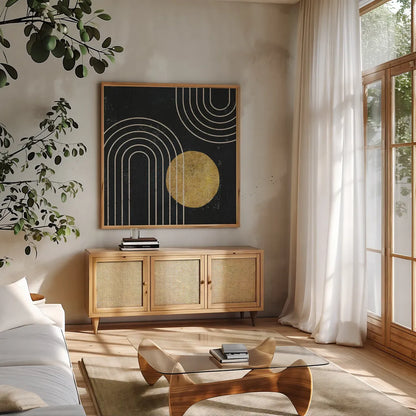 Midnight Moon II by Moira Hershey. Shown in a natural wood frame in a cozy modern living room. Available as an archival giclee rolled canvas, fine art paper, or poster print. SKU 83621a.